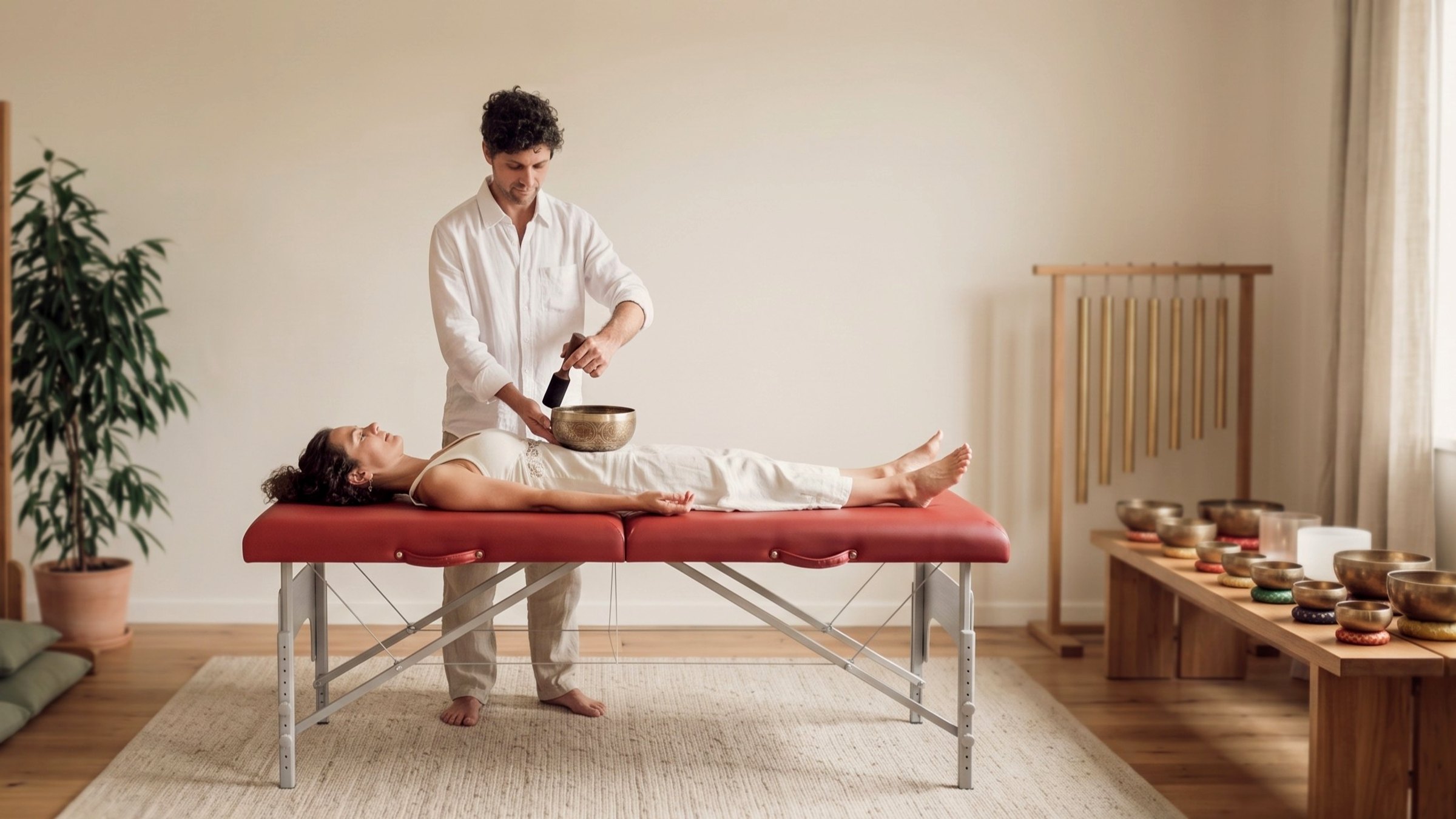 Dr. José Peralta playing a Tibetan singing bowl over a patient lying on a treatment table, in a room set up for sound sessions